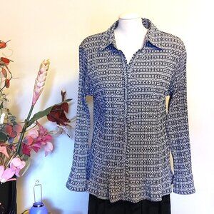 NWOT Fred David Women’s Long Sleeve Shirts Black White Print Pleated Blouse Top